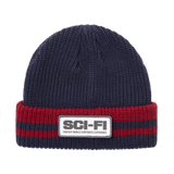 Sci-Fi Fantasy Reflective Patch Striped Beanie Navy/Red