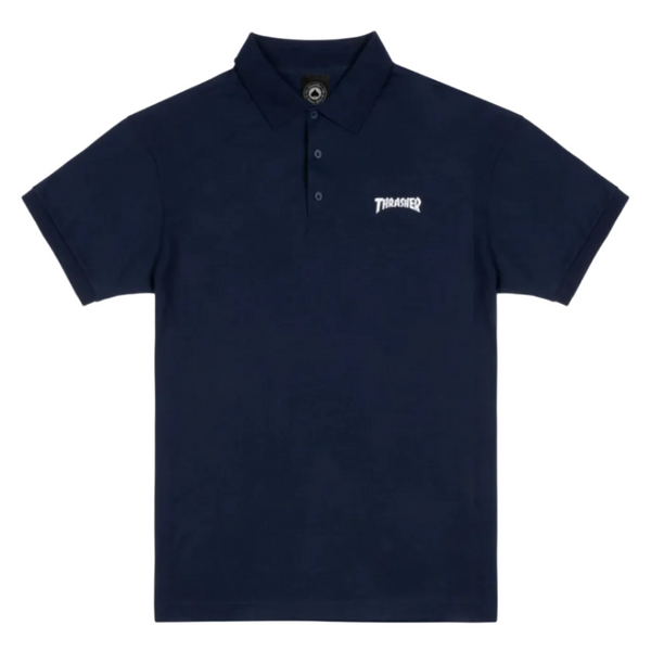 Thrasher Logo Embroidered Polo Navy Blue
