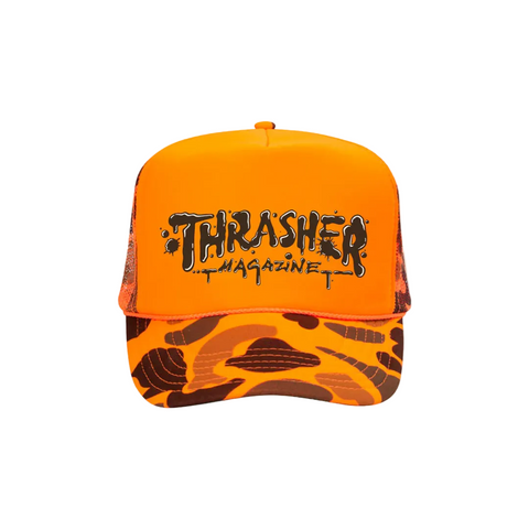 Thrasher Wet Paint Trucker Hat Orange Camo