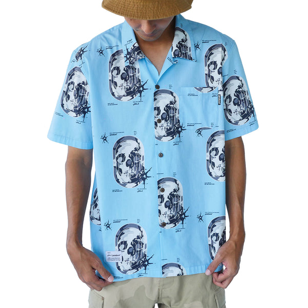 Preduce X SBTG Skull Aloha Short Sleeve Button Up Shirt Baby Blue